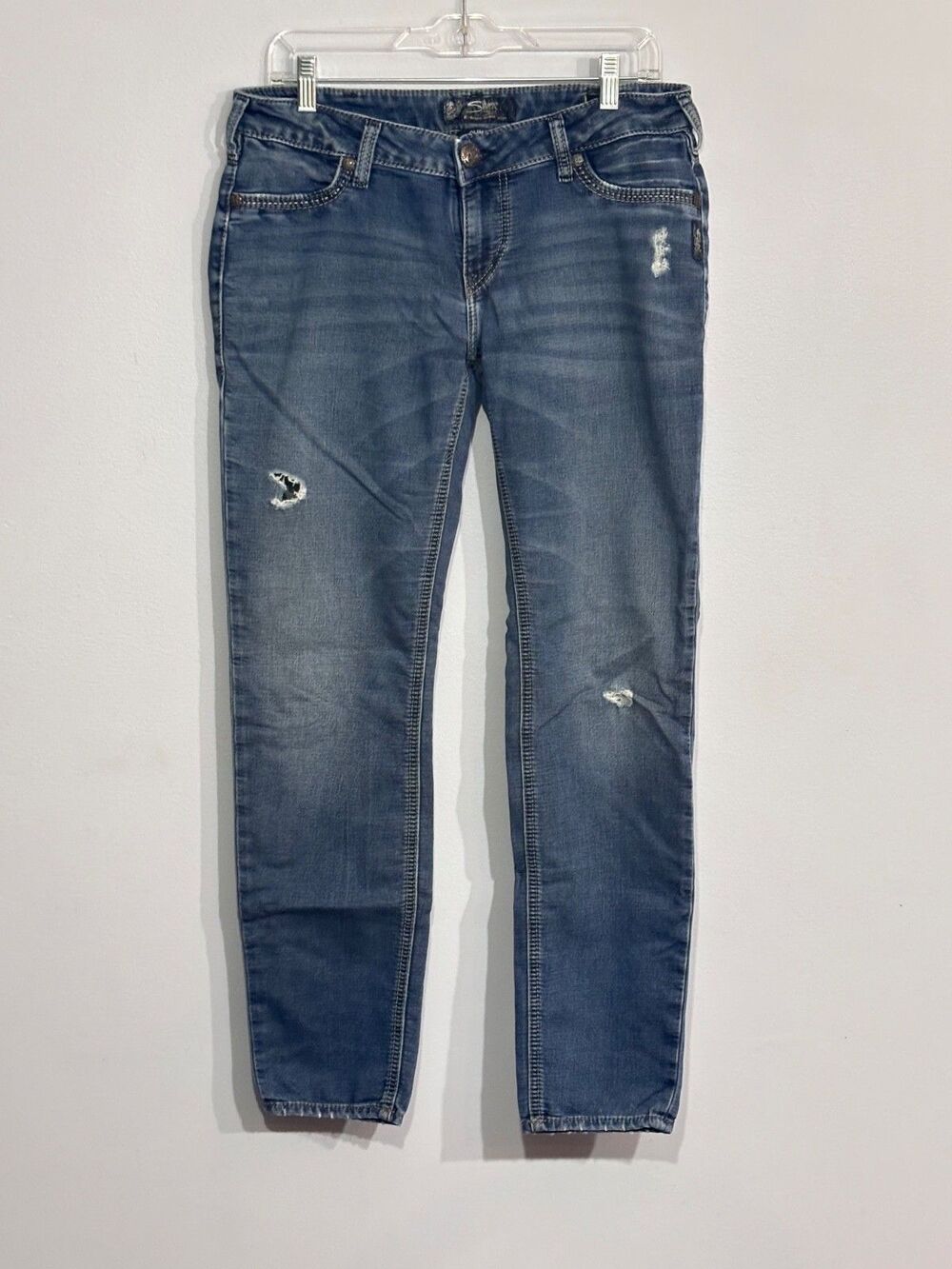 Silver Suki Joga Jeans Women's 33/31 Blue Denim Mid Rise Super Skinny Distressed